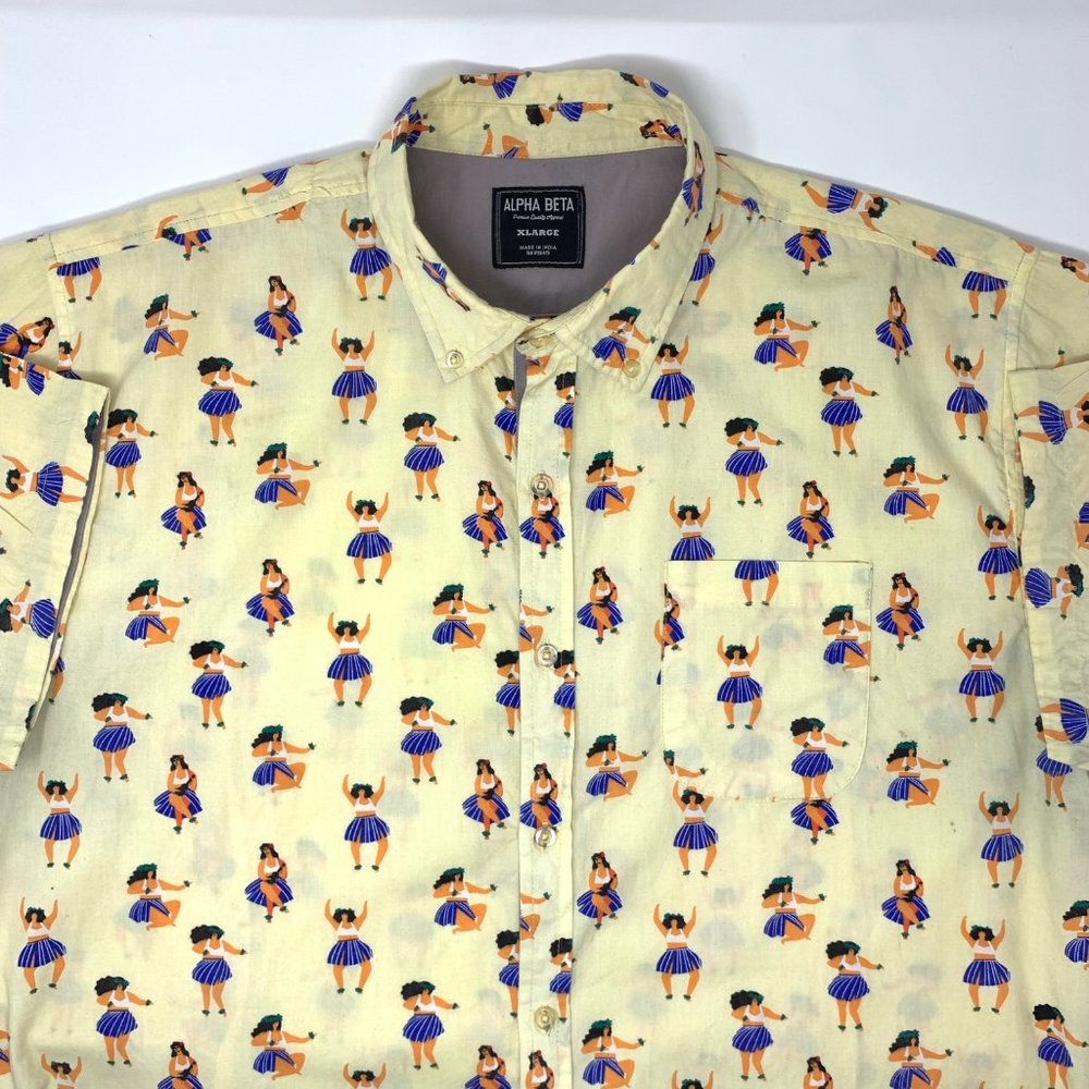 Alpha Beta Hawaiian Luau Hula Girls Men's Short Sleeve Shirt Size XL‎